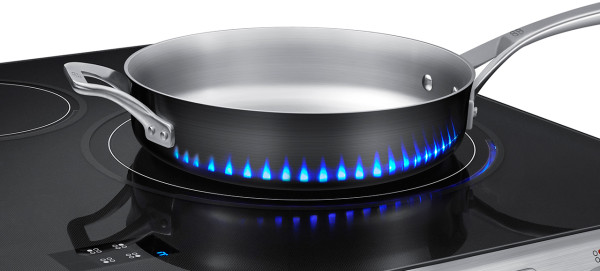 The brighter the simulated LED illuminated flame, the hotter the stove top's temperature.