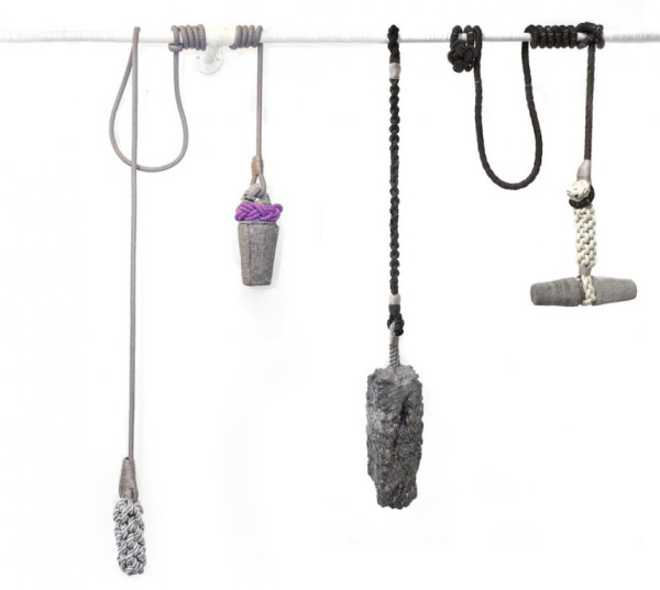 Submit | Submerge (Three Anchors), Dimensions variable (2013) Cast vatican stone, styrofoam, hydrocal, pigment, leather, nylon rope, cotton and tencel threads, steel pipe