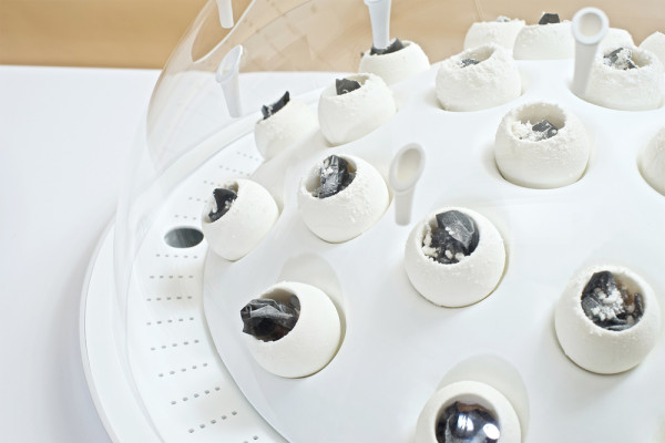 Designers Katharina Unger and Julia Kaisinger of Livin Studio collaborated with researchers at Utrecht University to devise a system to help precipitate the decomposition of plastic using UV light, then combine this waste matter  with fungi and agar to eventually "grow" an edible pod.