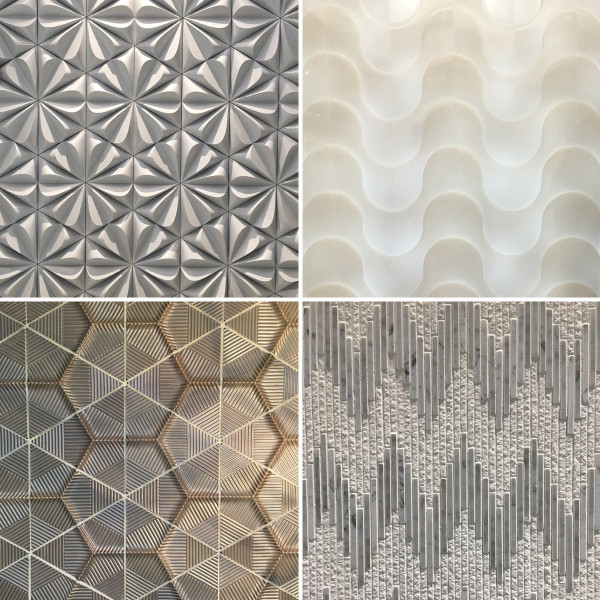 Clockwise from top left: Tiles by Walker Zanger, Surface by Hi-Macs, Tile by Pera Tile, Tile by Ann Sacks
