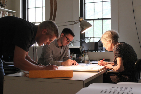 Craig Welsh, Nicholas Stover, and Elaine Lustig Conhen working on the early renderings of the font