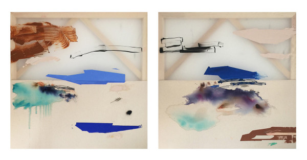 Through the Light I & II \\\ 36” x 36” acrylic, dye, oil crayon on sewn plastic & raw canvas