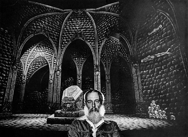 Edward Gorey and his set for Dracula. Photo courtesy of the Edward Gorey Charitable Trust.