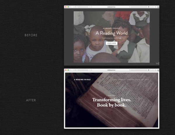 I'm a huge fan of the DIY aspect of Squarespace and designed the website for my non-profit, A Reading World, myself but was curious to see what a designer would do so Dylan showed me what his approach would be to the home page. My favorite part is how the navigation is now on the front page rather than buried. (New logo designed by Shannon Grant)