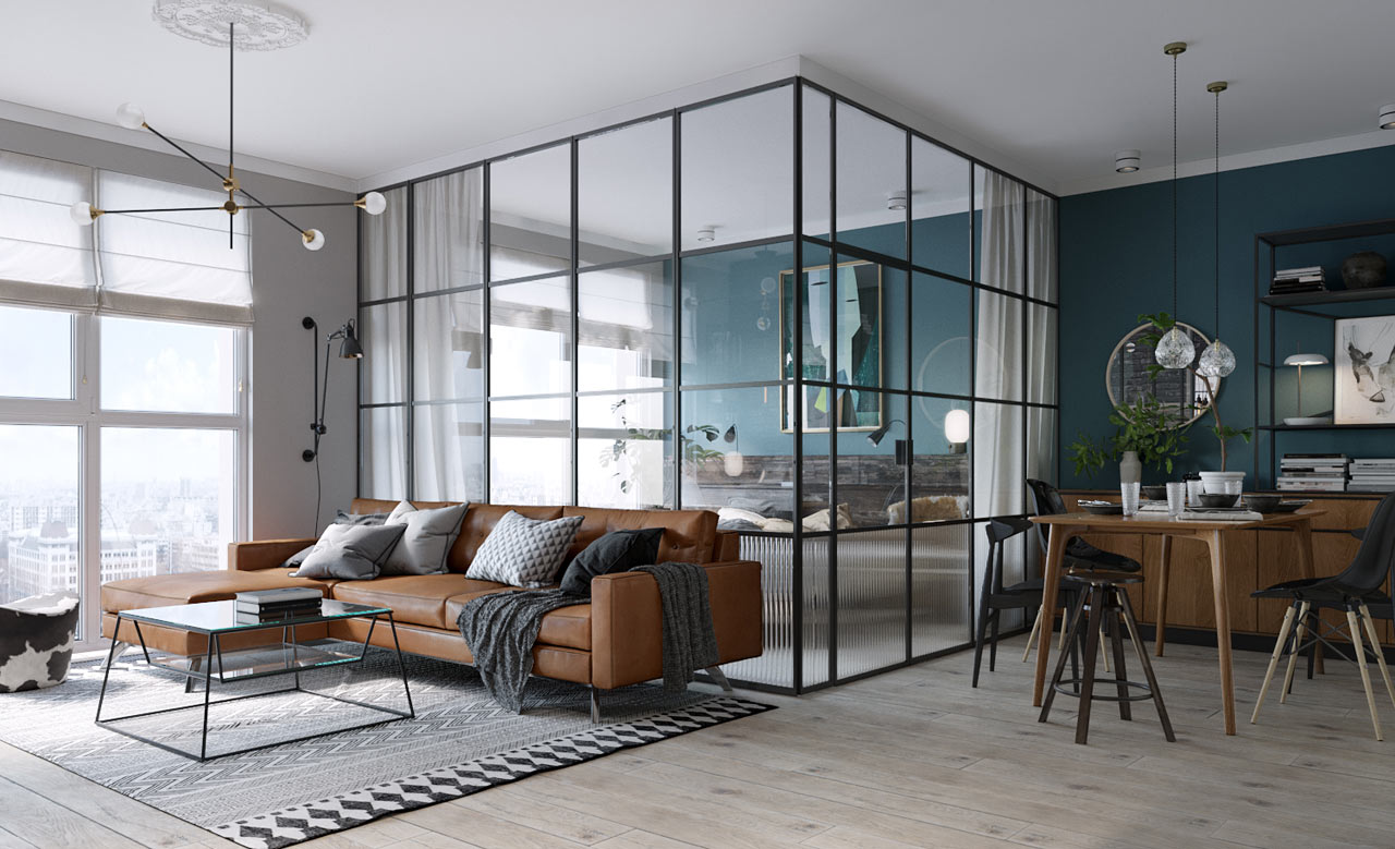 A Compact Apartment in Kiev with a Glass-Enclosed Bedroom