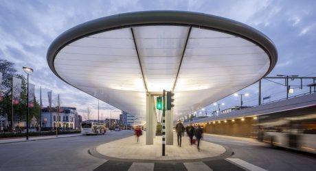 A Bus Station Awning by Day, Solar Powered Lighting Element at Night
