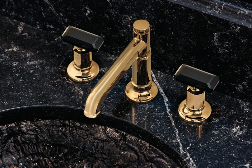Brizo Invari Bath Collection Polished Gold Black Crystal Wide Lav Detail