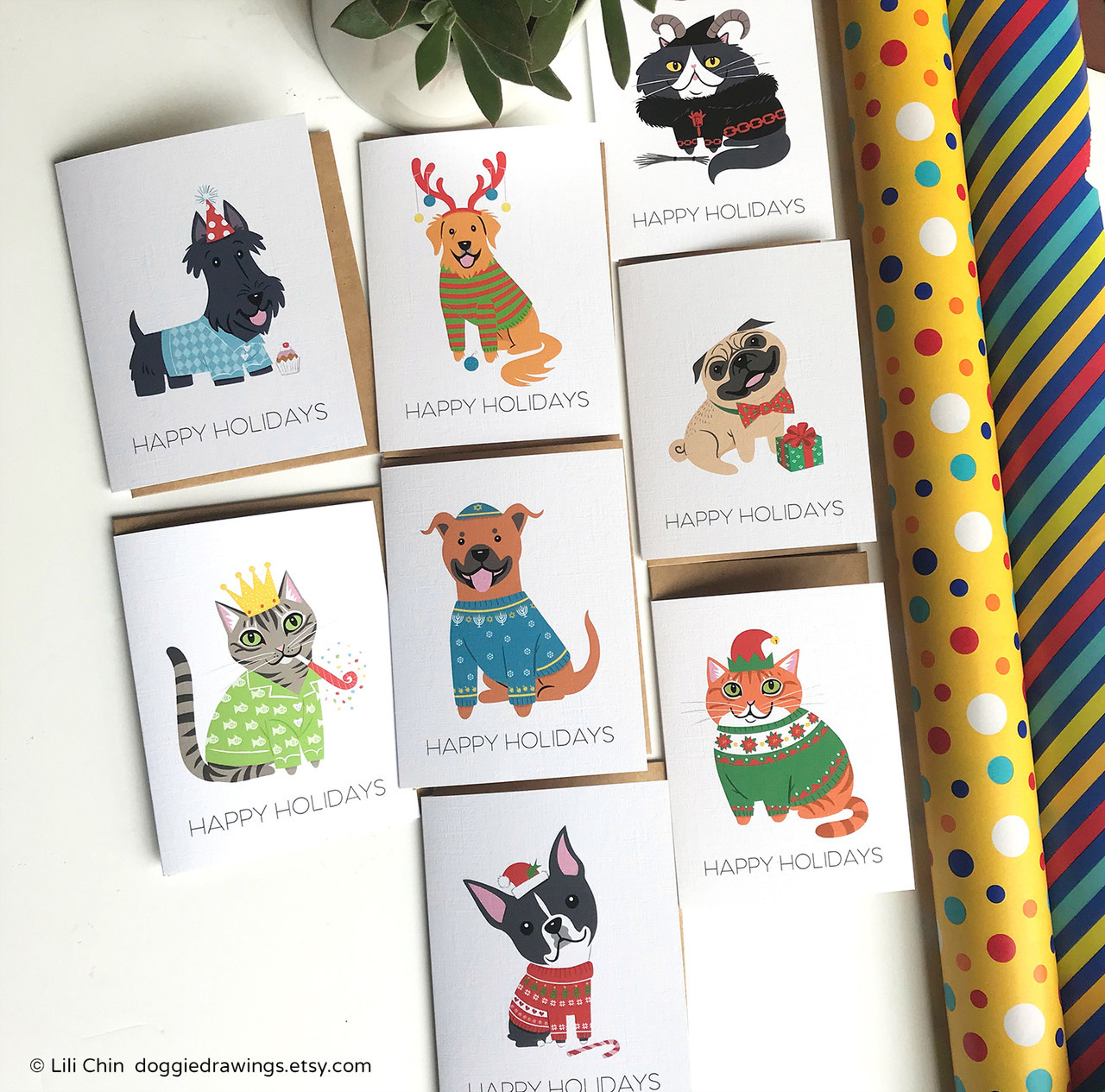 Illustrated Dog Holiday Cards by Lili Chin