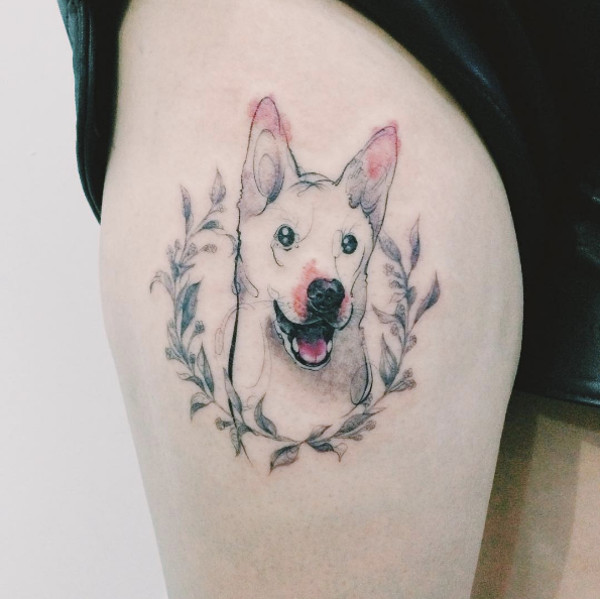 Microrealistic dog portrait tattoo on the inner