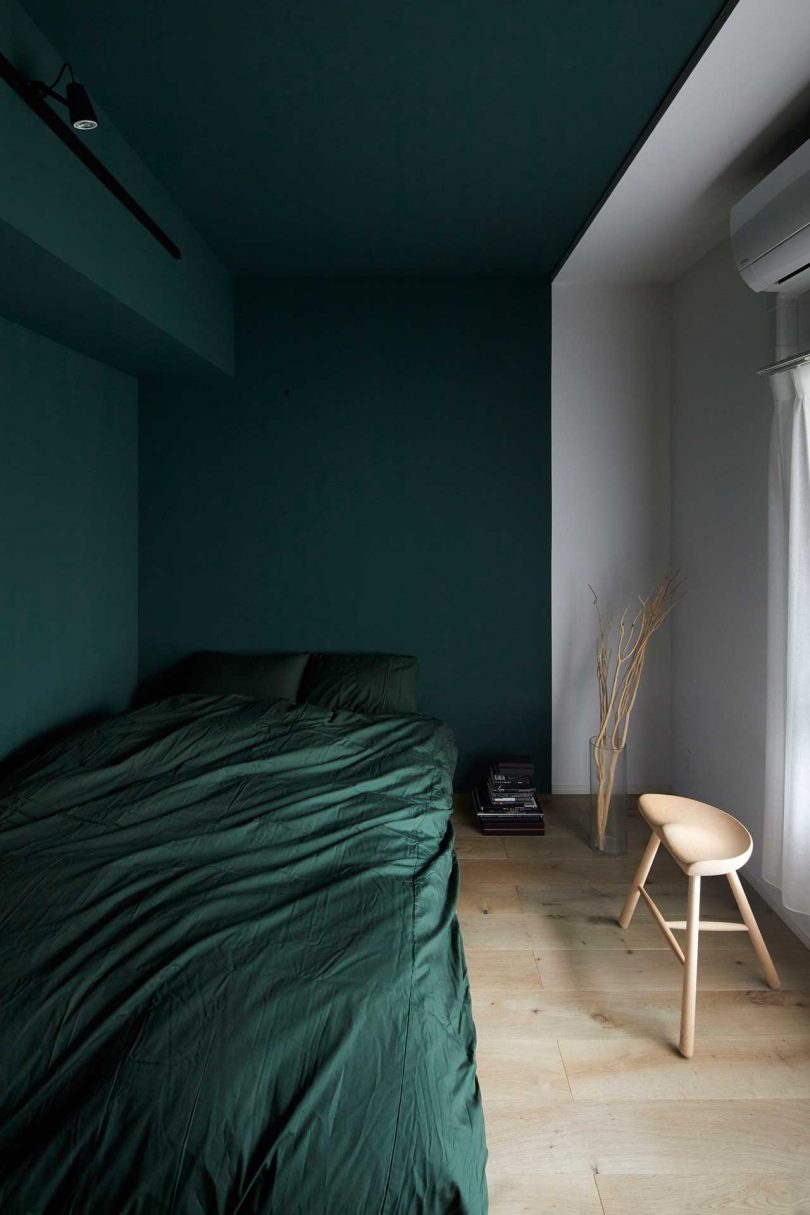 interior shot of modern apartment in dark green bedroom