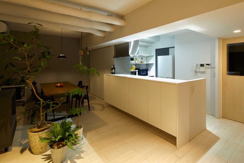 interior shot of modern apartment with small kitchen