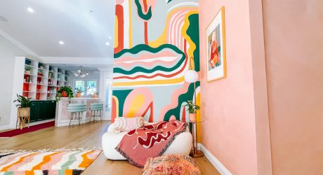 A Vibrant Living Room Redesign Stands Out With Custom Lime Wash Paint