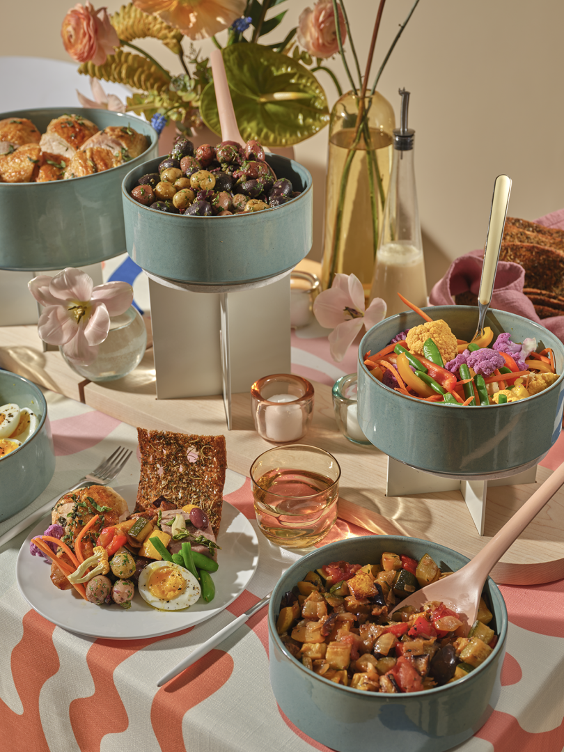 table set with food and decor