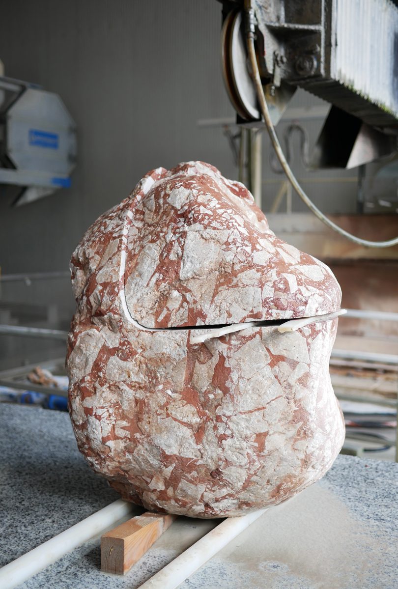 partially cut large pink stone