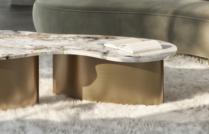 metal and marble coffee table on shaggy rug