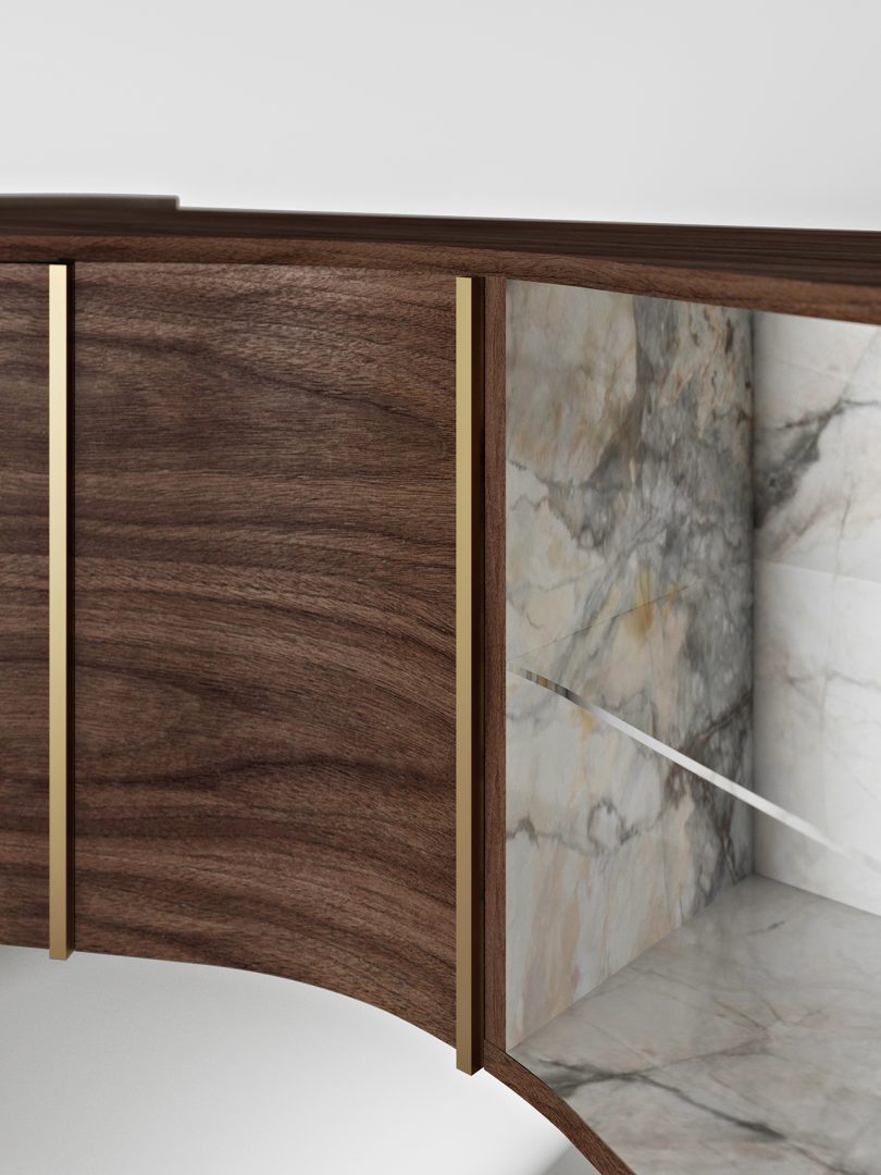 detail of wood and marble credenza