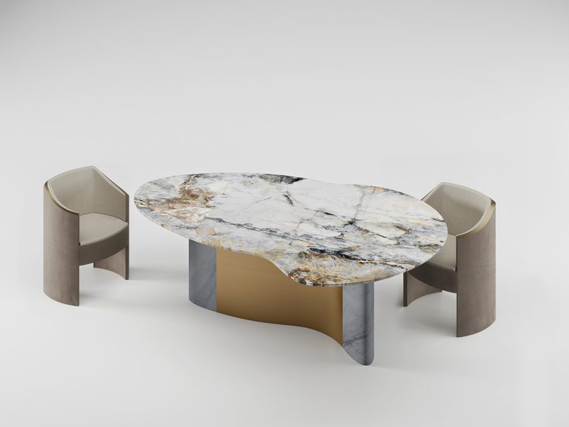 metal and marble dining table with two dining chairs on white background