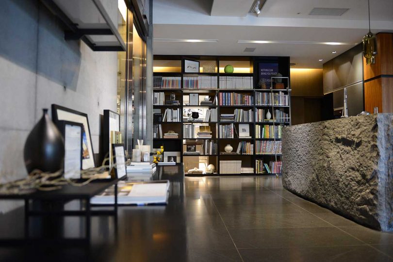 office interior with wall of books