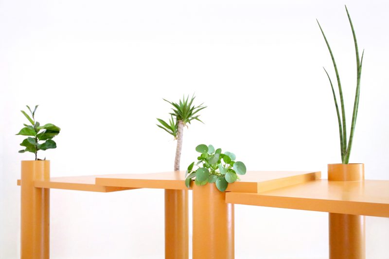 orange sculptural table with plants