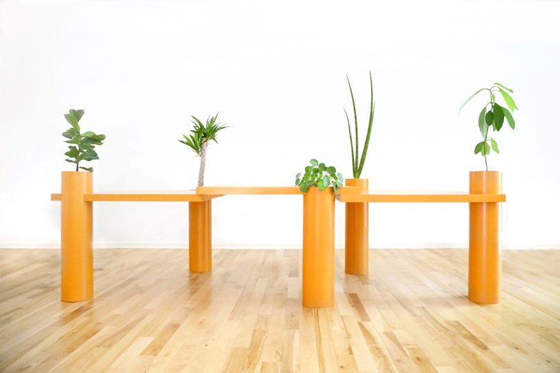 orange sculptural table with plants