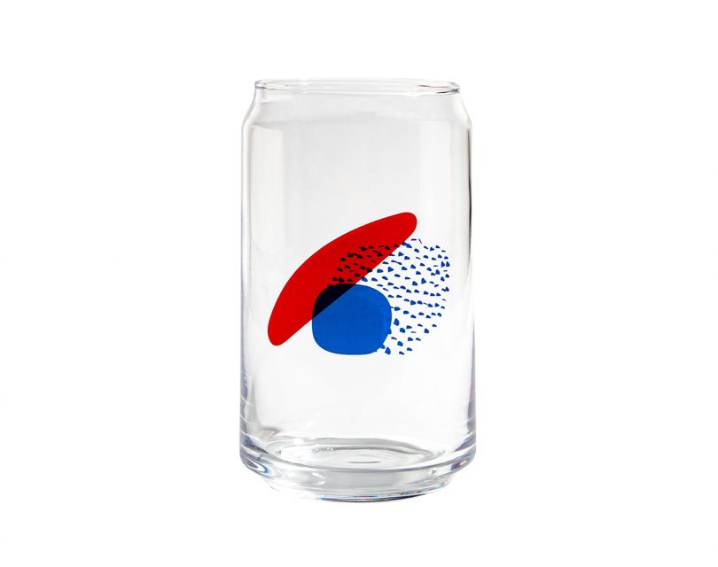 beer can clear drinking class with blue and red design on white background