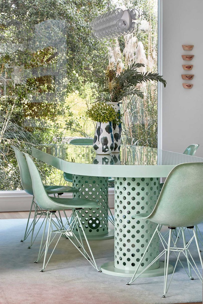 eating area with pale green table and chairs