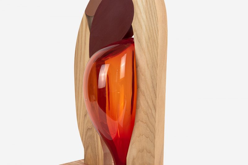 colorful abstract wood and glass sculpture detail