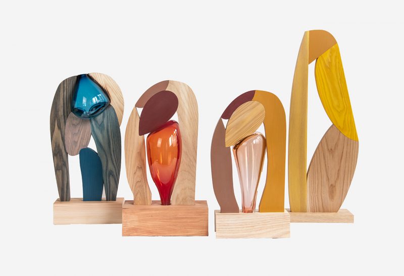 colorful abstract wood and glass sculptures