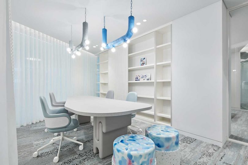 Modern office with whimsical and colorful furnishings