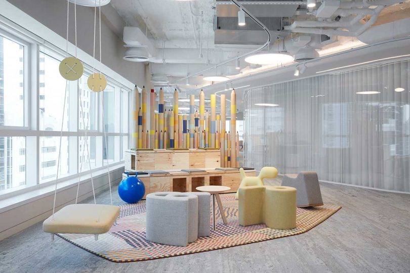 Modern office with whimsical and colorful furnishings