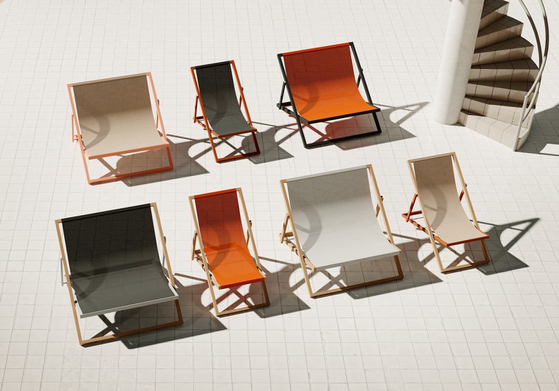 seven deckchairs of various sizes and colors on light ground