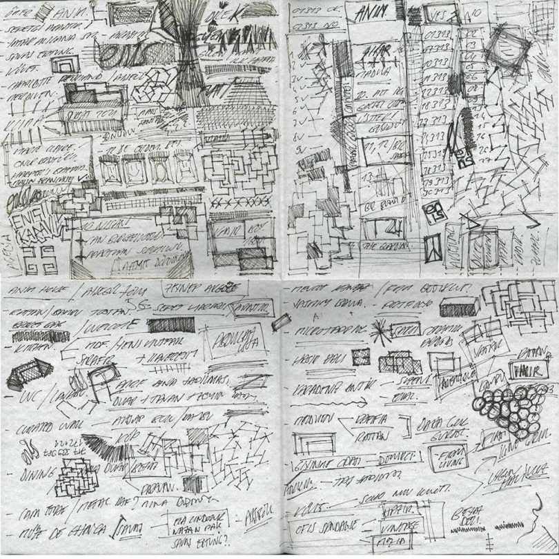 notes and sketches on an unfolded napkin