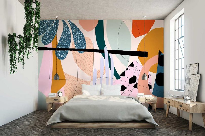 alex proba wallpaper with colorful abstract pattern in bedroom