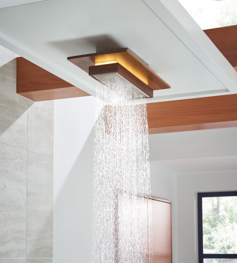 rectangular showerhead with light and water turned on