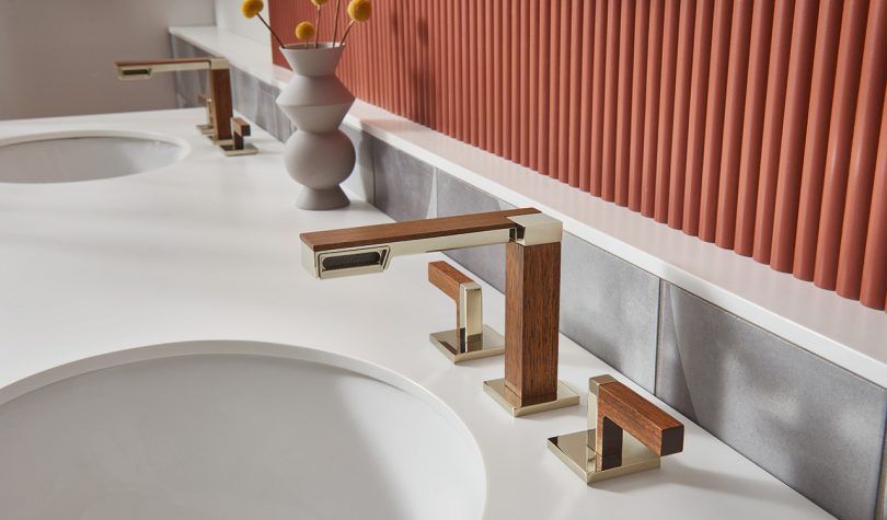double vanity bathroom sink with wood and metal sink faucets