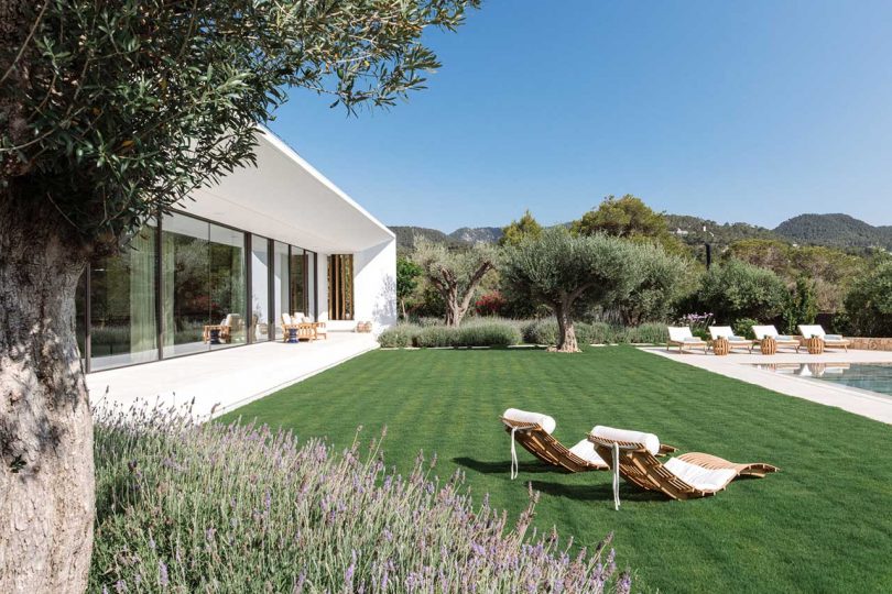 backyard view with green grass and lounge chairs beside a modern white house