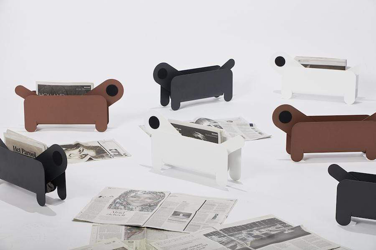 group of magazine and paper holders resembling dogs