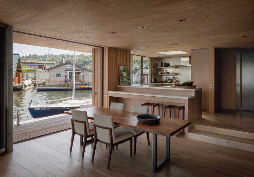 modern interior of floating cabin on water