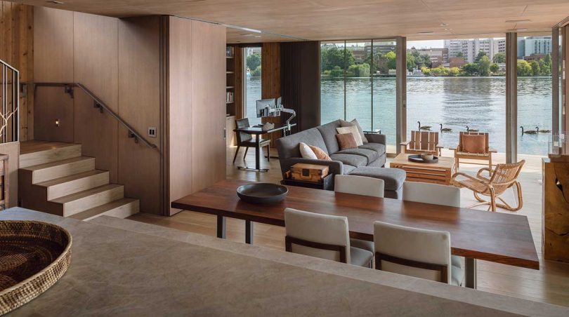 modern interior of floating cabin on water