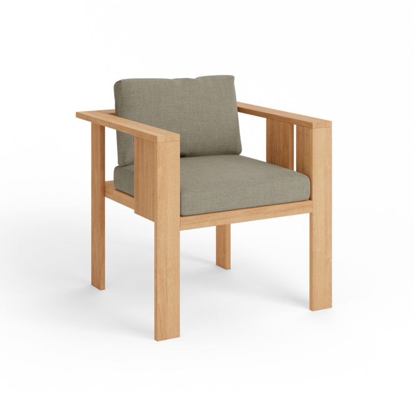 wood outdoor armchair with grey upholstery on white
