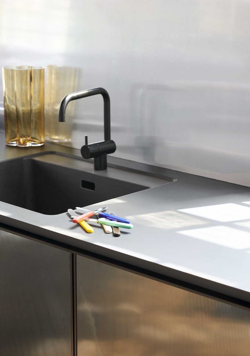 reflective black kitchen cabinets