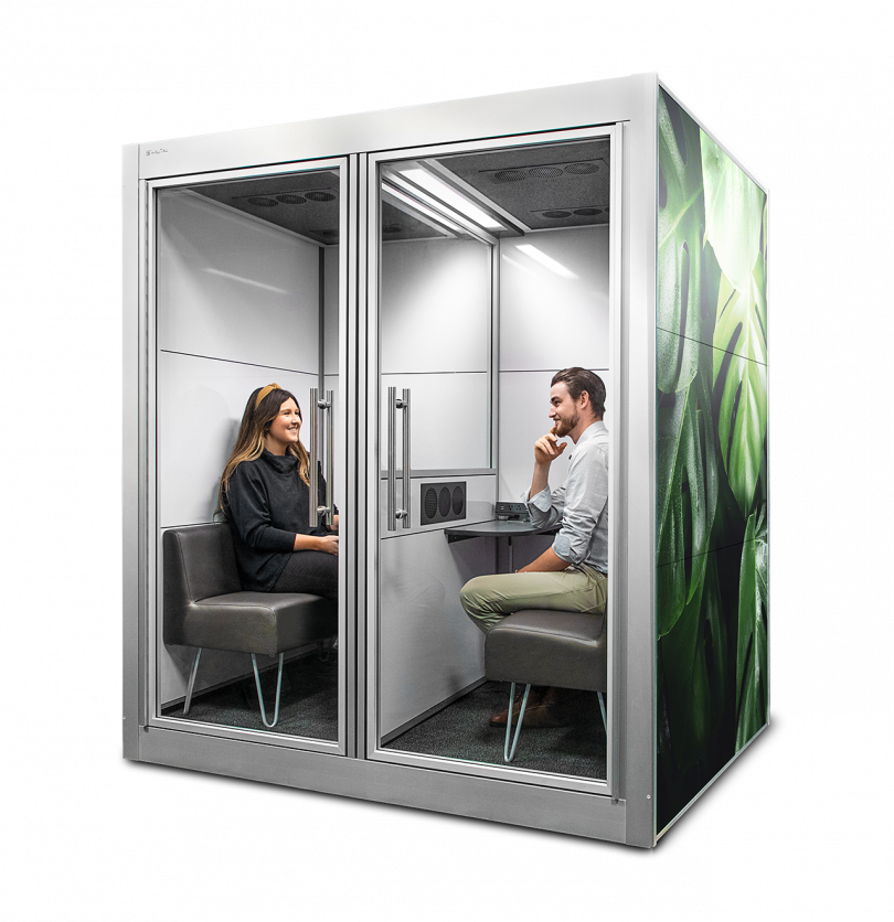 workspace pod with two people inside on white background
