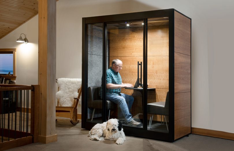 workspace pod inside home with man inside and dog laying outside