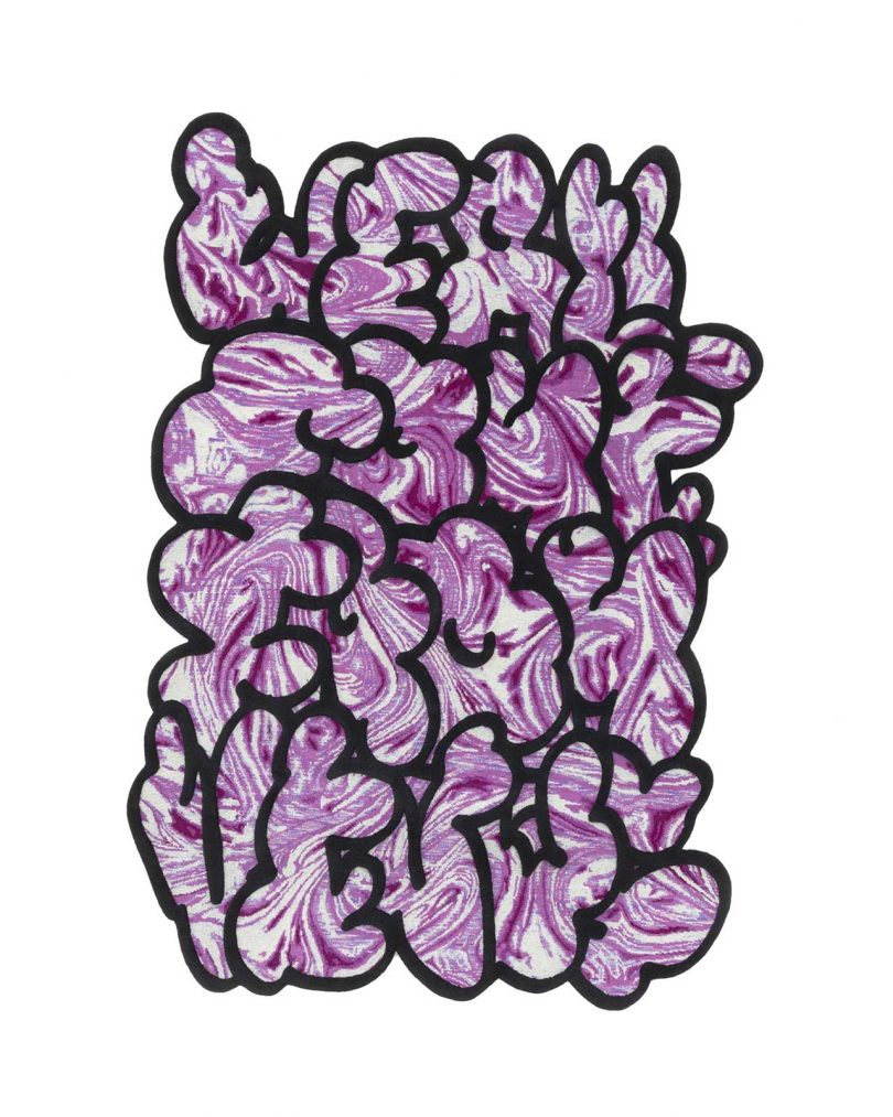 nebulous marbled purple rug with black outline on white background