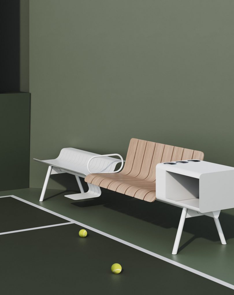 wood and aluminum outdoor furniture on tennis court