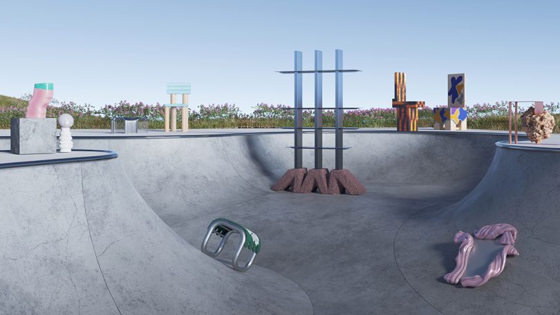 cement skatepark with pieces of furniture and art