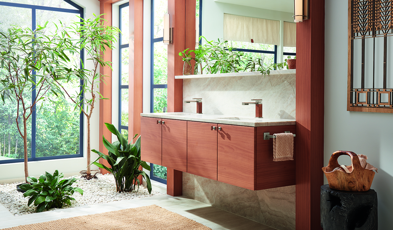 Brizo's Frank Lloyd Wright Bath Collection mid-century modern bathroom design teak wood and minimalist geometric style padstyle.com