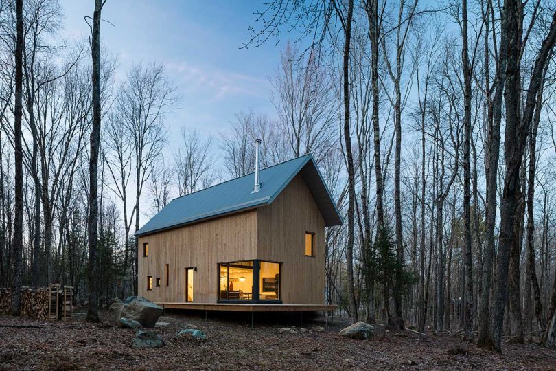 modern cedar cabin in the woods at twilight