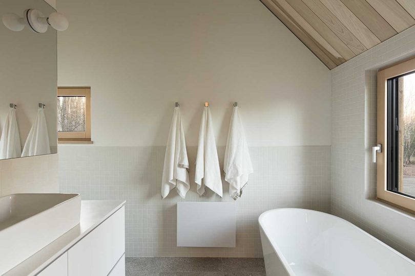 modern minimalist bathroom in shades of white and gray