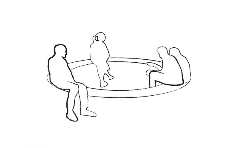 simple sketch of four people sitting on ring bench